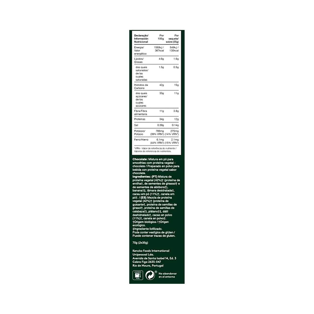 Mix de proteinas vegetales con frutas deshidratadas y sabor a chocolate 2 x 35 g.