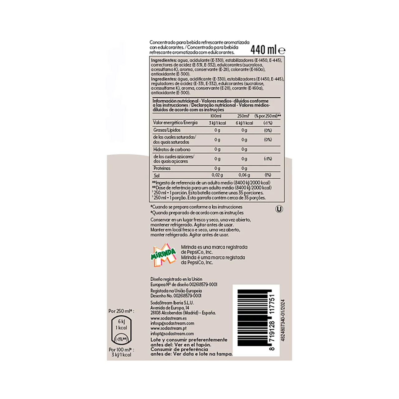 Sirope mirinda zero 440 ml.