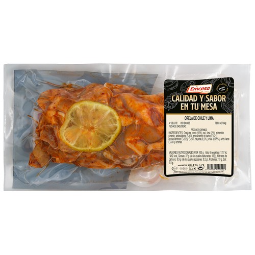 EMCESA Oreja de cerdo cocida y troceada con un toque de lima y chile 450 g.