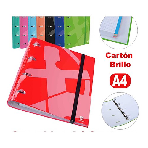 Carpeta 4 anillas troqueladas DIN A4,centauro. cierre con goma plana de 15mm, recambio de 100 hojas 90 gr, cuadricula 4x4, papel super resistente extrablanco paperclas 90gr, lomo curvo mas ergonómico, GRAFOPLÁS.