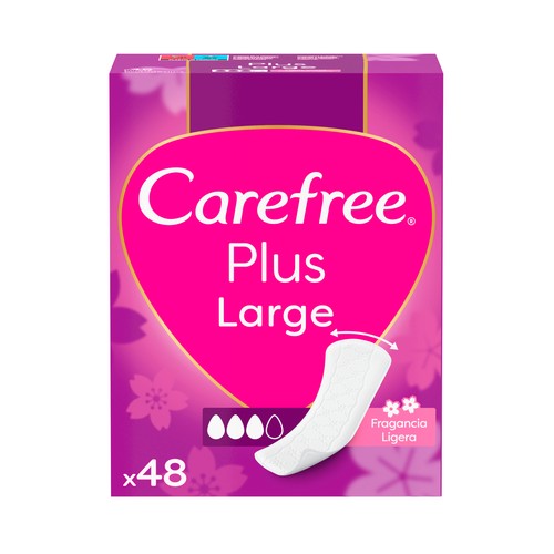 CAREFREE Plus large Salvaslips (protegeslips) extra largos y super absorbentes con fragancia ligera 48 uds.