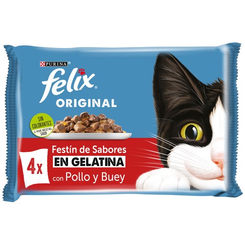 FELIX Alimento húmedo de gato bolsa selección pollo y buey gelatina 4 x 85 g.
