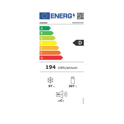 Frigorífico combi 186cm HISENSE RB390N4DWD, color blanco, NO FROST, clasificación energética: D, H: 186cm, A: 59,5cm, F: 59cm, capacidad total: 304L.