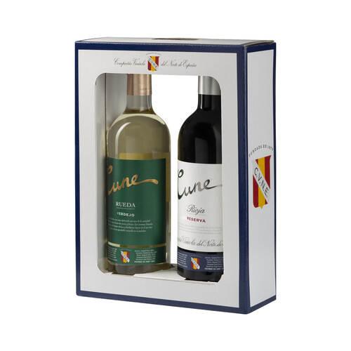 CUNE Estuche con botella de vino tinto reserva con D.O. Ca. Rioja y botella de vino blanco con D.O. Rueda.