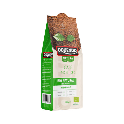 Café molido de tueste natural 100 % Arábica , procedente de agricultura ecológica OQUENDO 250 g.