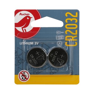 Pack de 2 pilas de botón de litio CR2032, 3V, PRODUCTO ALCAMPO.