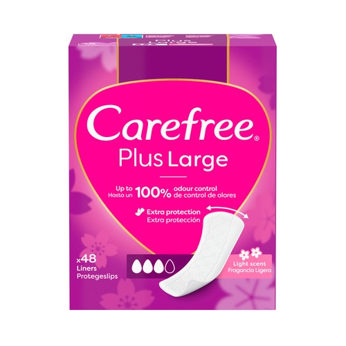 CAREFREE Plus large Salvaslips (protegeslips) extra largos y super absorbentes con fragancia ligera 48 uds.