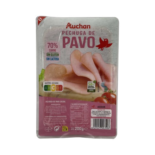 AUCHAN Pechuga cocida de pavo, sin gluten y sin lactosa y cortadas en lonchas 200 g. Producto Alcampo