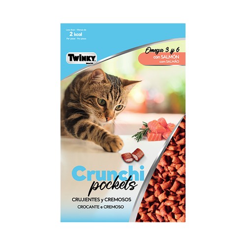TWINKY Crunchi pockets Snacks para gato sabor a salmón, crujientes y cremosos 60 g.