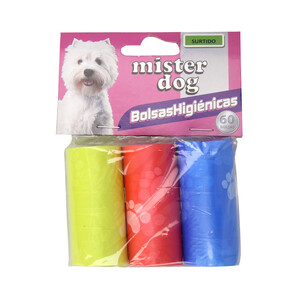 MISTER DOG Bolsas de plástico colores recoge excrementos para perros MISTER DOG 3 rollos. 20 uds.
