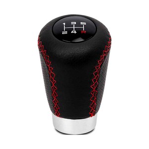 Imagen de Pomo corto ABC PARTS OEM 2 para palanca de cambio de marchas con gatillo de 27mm, simil piel negro, costuras rojas.