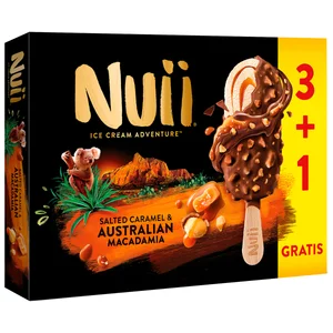 NUII Bombón helado de vainilla con caramelo salado y trozos de nueces de macadamia australianas 3 x 90 ml.