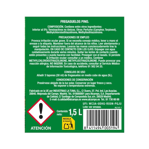 PRODUCTO ALCAMPO Fregasuelos pino 1,5 l.