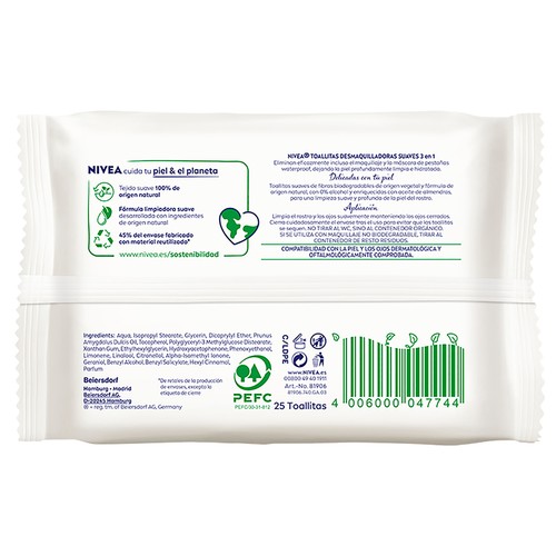 NIVEA Toallitas desmaquilladoras biodegradables, para piel seca o sensible 25 uds.