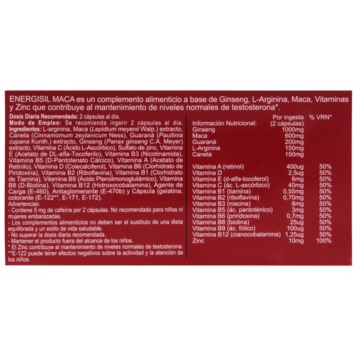 ENERGISIL Complemento alimenticio que ayuda a mantener los niveles normales de testosterona ENERGISIL Maca 30 comprimidos.