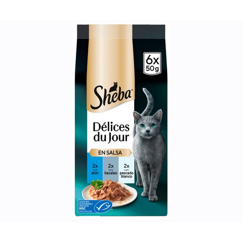 SHEBA Comida para gatos a base de atún, salmón y bacalao 6 uds. 50 g.