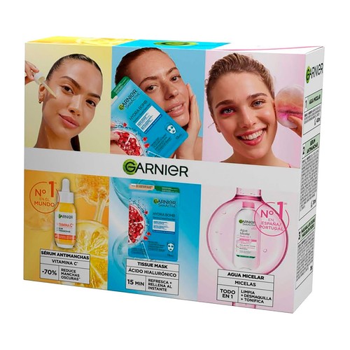 GARNIER Estuche con agua micelar, mascarilla facial refrescante y sérum antimanchas.