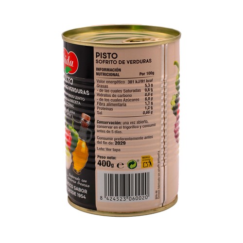 HIDA Pisto de verduras estilo casero frasco de 400 g.