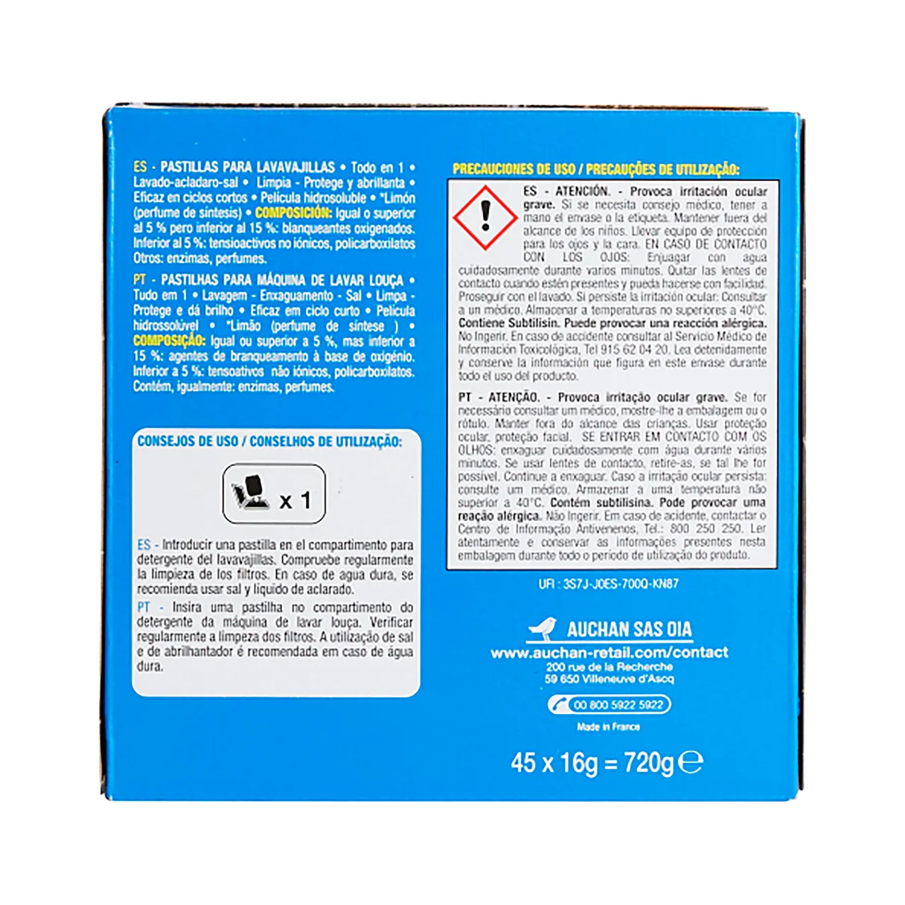 PRODUCTO ALCAMPO Detergente para lavavajilas, todo en 1, limón PRODUCTO ALCAMPO 45 uds. x 16 g.