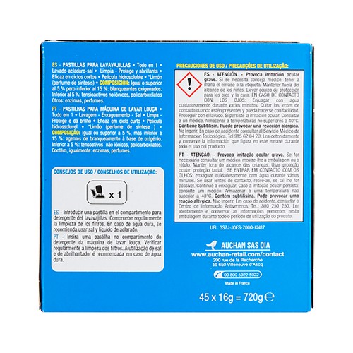 PRODUCTO ALCAMPO Detergente para lavavajilas, todo en 1, limón PRODUCTO ALCAMPO 45 uds. x 16 g.