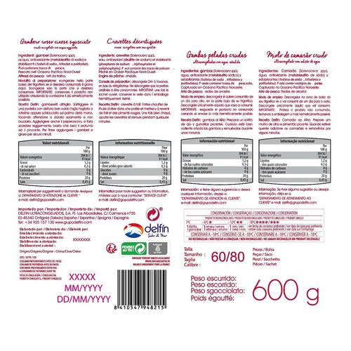 DELFÍN Gambas peladas crudas 60/80, utracongeladas y con agua añadida DELFÍN 600 g.