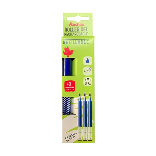 Bolígrafo tinta borrable azul con 3 recambios, ALCAMPO.