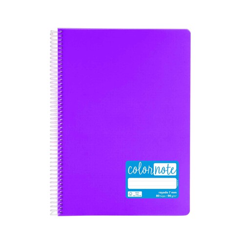 Cuaderno tamaño A4 con cubiertas de PP en color violeta y espiral plástica, con 80 hojas de rayadas de 7 mm y de 90 gr en el interior, GRAFOPLAS.