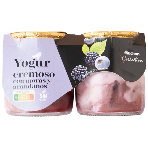 ALCAMPO GOURMET Yogur cremoso natural azucarado con moras y arándanos y sin gluten  2 x 125 g.