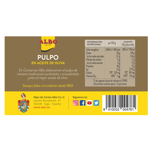 ALBO Pulpo en aceite de oliva en tacos lata de 75 g.