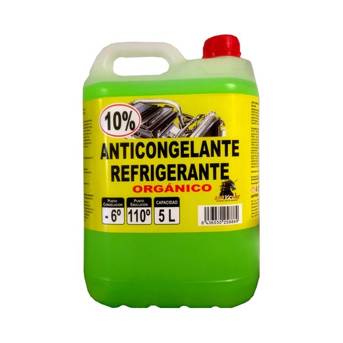 Líquido refrigerante con temperatura de protección de hasta -6ºC+110ºC, 5L verde orgánico, 10% Monoetilenglicol, UNYCOX.