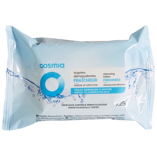 COSMIA Toallitas desmaquillantes y refrescantes para pieles normales a mixtas COSMIA 25 uds.