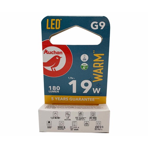 Bombilla Led G9, 1,9W=19W, luz cálida, PRODUCTO ALCAMPO.