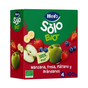 Imagen de HERO Solo Bio Bolsitas de fruta (manzana, fresa, plátano y arándanos) ecológicas, a partir de 12 meses 4 x 100 g.