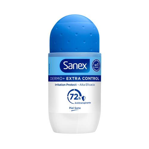 Desodorante roll on para mujer con protección antitranspirante y anti manchas SANEX Dermo extra control 50 ml.