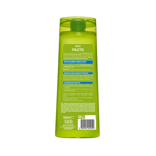 FRUCTIS Fuerza y brillo de Garnier Champú fortificante 2 en 1, para cabellos normaes 360 ml.