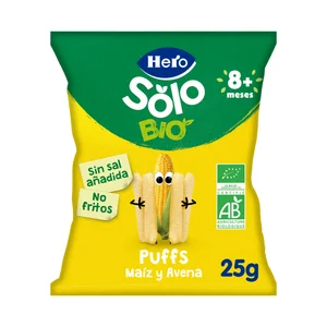 HERO Solo bio Snacks infantiles no fritos y sin sal añadida. de maíz y avena ecológicos, a partir de 8 meses 25 g.