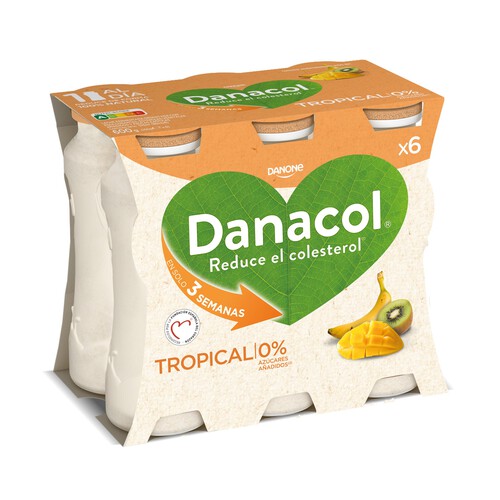 DANACOL Leche fermentada desnatada con edulcorantes, esteroles vegetales añadidos y frutas tropicales de Danone 6 x 100 g.
