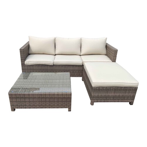Alcampo y productos de alimentación en línea - Conjunto de muebles jardín 5 plazas con pouf y mesa de acero y ratán, color marrón/blanco, incluye cojines, Tenerife KACTUS REPUBLIC.