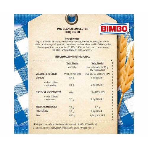 BIMBO Pan de molde blanco sin gluten, BIMBO 300 g.