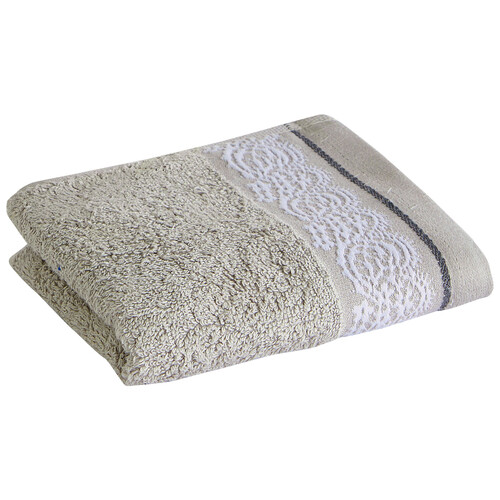 Toalla de tocador 100% algodón color gris con cenefa jacquard imitación encaje, 500g/m² ACTUEL.