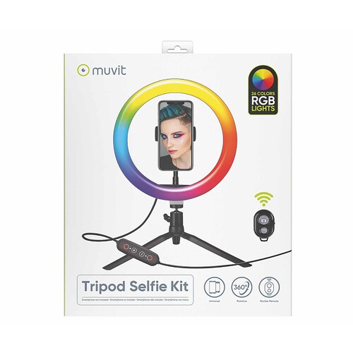 Aro de luz con trípode de sobremesa MUVIT MUCHL0078, anillo led 10, 3 temperaturas, 26 colores, control remoto, Bluetooth.
