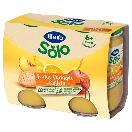 HERO Solo Tarrito de frutas variadas (plátano, melocotón, manzana y naranja) con galleta, a partir de 6 meses 2 x 190 g.
