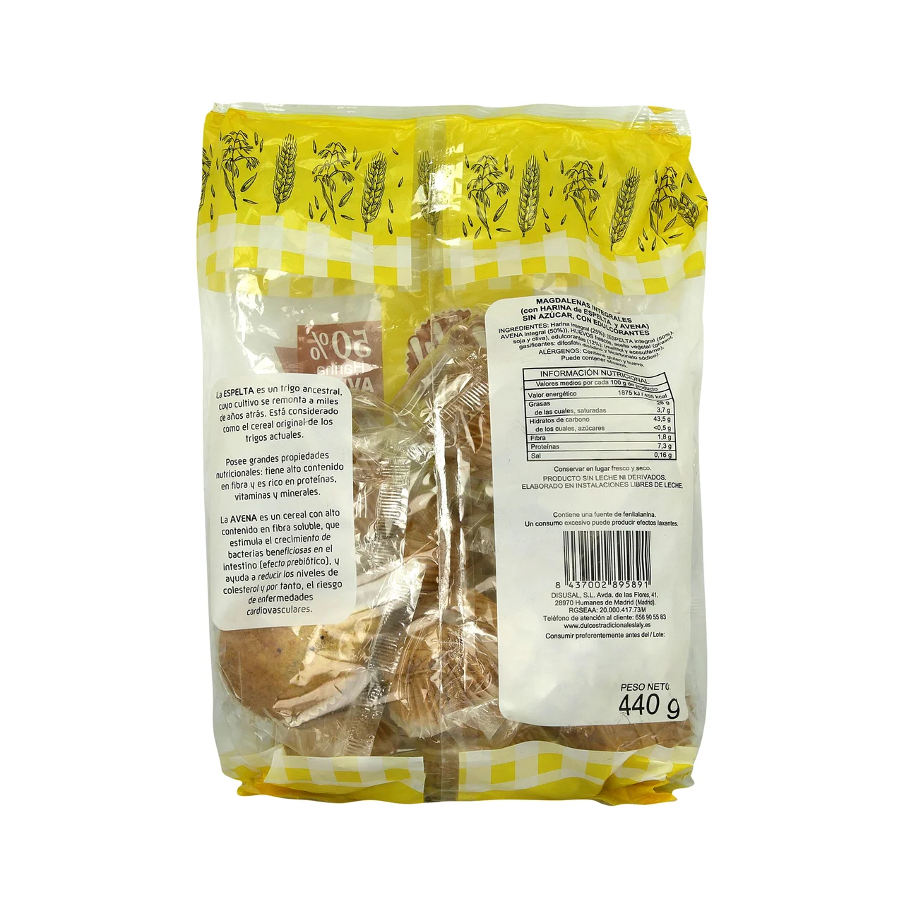 Magdalenas integrales sin azúcares añadidos y sin leche 440 g.