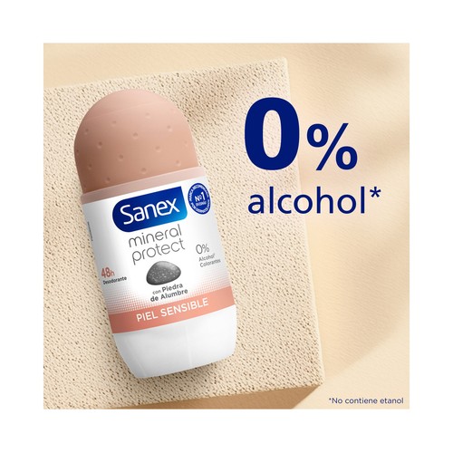SANEX Mimeral protect Desodorante roll on para mujer con piedra de alumbre, pieles sensibles 50 ml.
