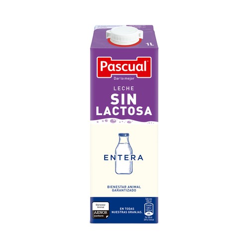Leche de vaca entera y sin lactosa PASCUAL 1 l.
