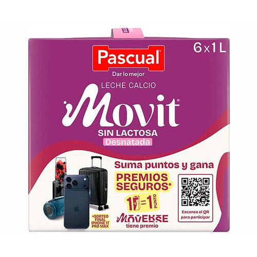 PASCUAL Movit Leche con calcio; desnatada y sin lactosa Caja 6X1 L