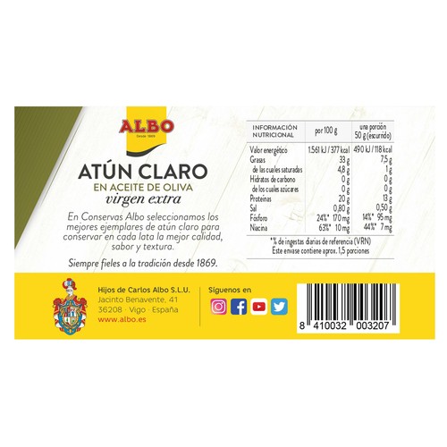 ALBO Atún claro en aceite de oliva virgen extra lata de 82 g.