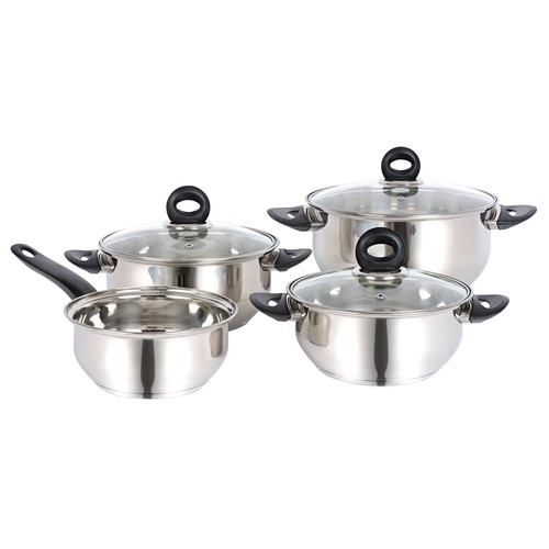 Batería de acero inoxidable de 4 piezas y 3 tapas de vidrio, modelo Diana, TABERSEO