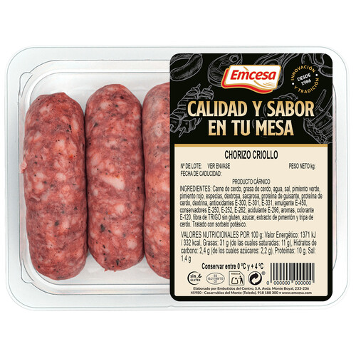Bandeja con chorizos criollos elaborados sin gluten EMCESA 400 g.