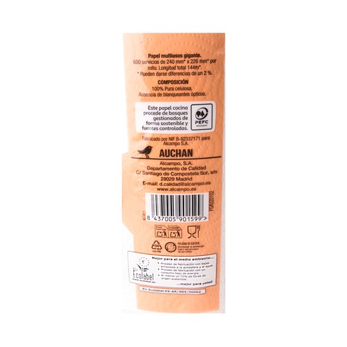 PRODUCTO ALCAMPO Papel de cocina multiusos gigante, doble capa 144 mts. 1 und